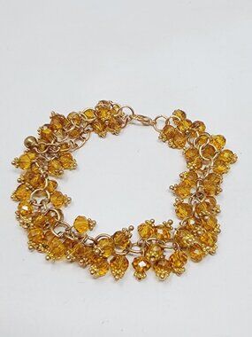 Gold Tone Amber Glass Beaded Bracelet Chunky Cluster Dangle 8” + Extender